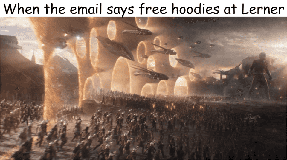 Engineering students pulling up to free hoodies at Lerner